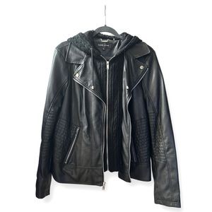 Black Rivet faux leather biker jacket with cable knit sweater